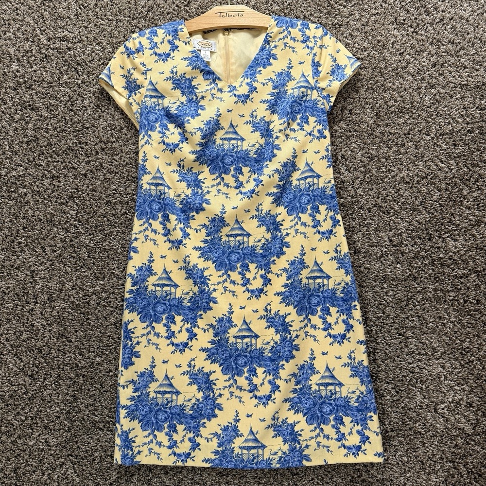 Talbots Petites Size 2 Yellow Blue Toile Print‎ Shift Dress Cotton V-Neck Floral